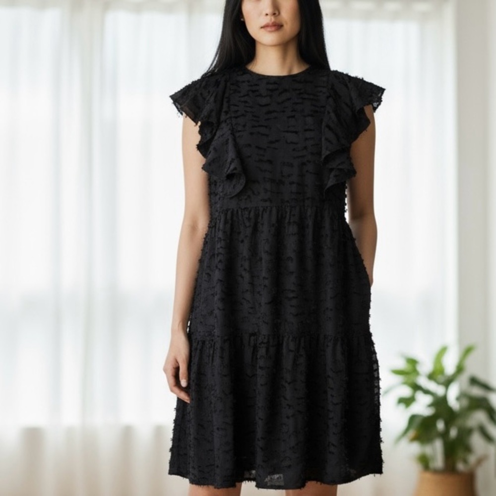 NWT Crosby by Mollie Burch Black Lattice JoeJoe Textured Dress Ruffle Sleeve - L